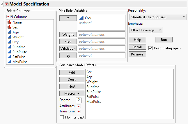 Model Specification Window for Fitness Regression Model