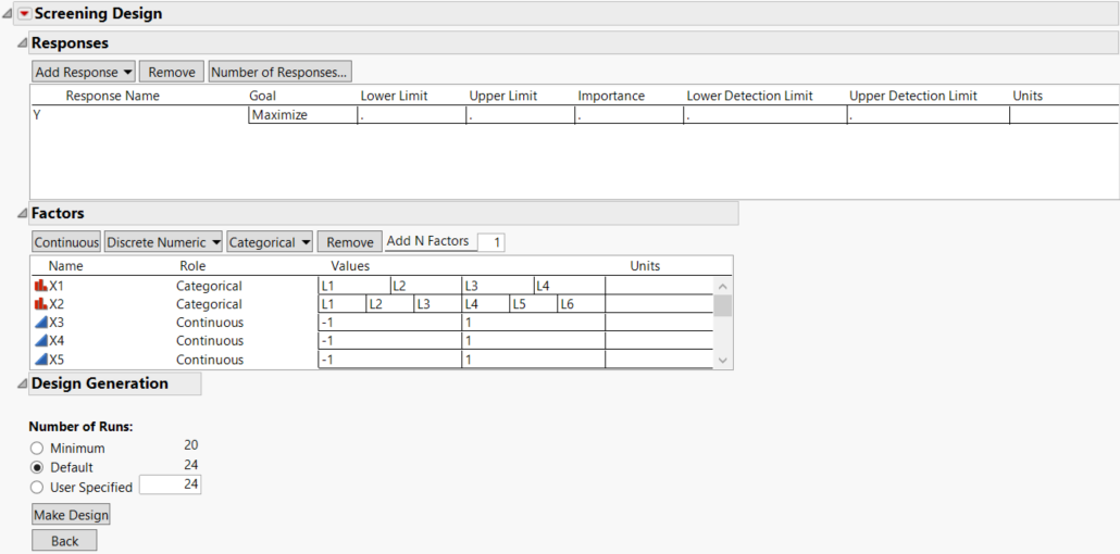 Screening Design Window for 13-Factor Design with Design Generation Panel