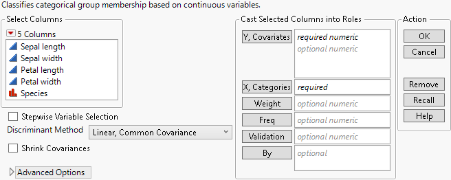 Discriminant Launch Window for Iris.jmp