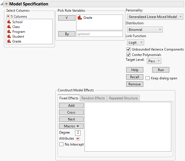 Fit Model Launch Window with Generalized Linear Mixed Model Selected