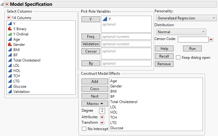 Fit Model Launch Window with Generalized Regression Selected