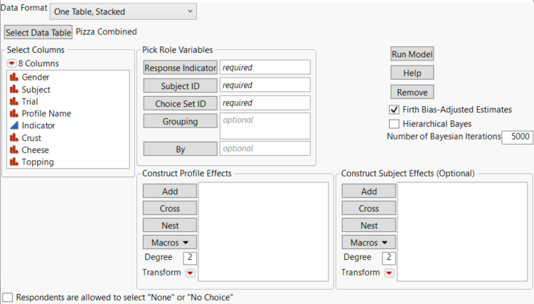 Launch Window for One Table, Stacked Data Format