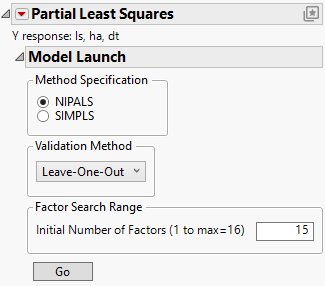 Partial Least Squares Model Launch Control Panel