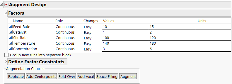 Initial Augment Design Window Using Reactor 8 Runs.jmp