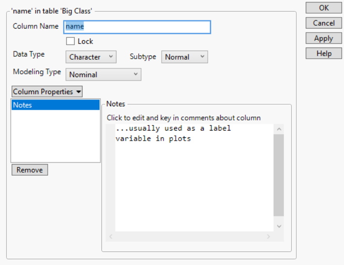 The Column Info Window for a Character Column